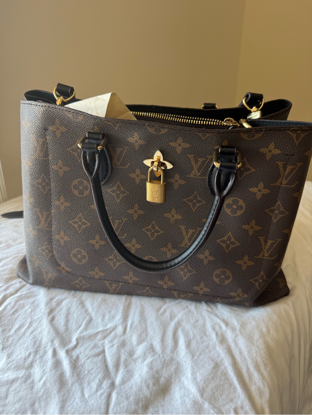 Lou Brown Monogram Canvas Tote with Black Trim
